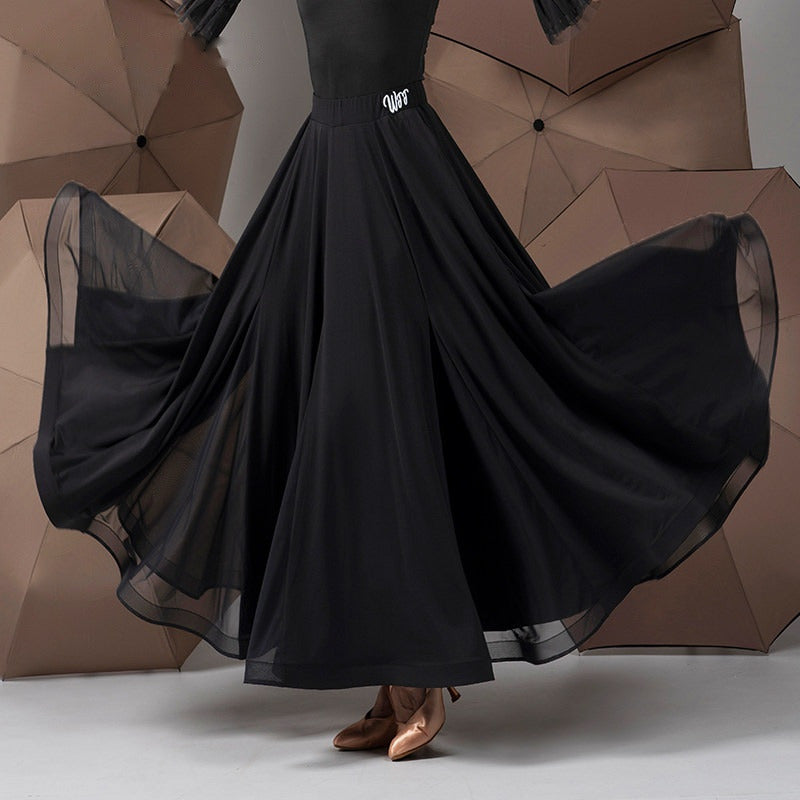 Black double layer chiffon ballroom dance skirt with mesh godets, hip and hem view