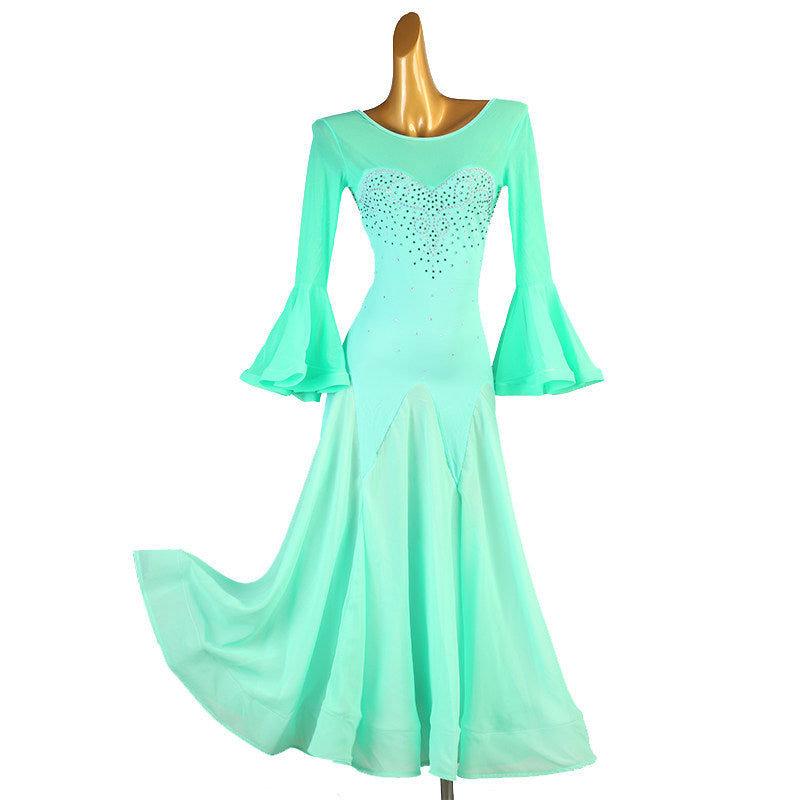 Mint green ballroom competition dress with a rhinestone sweetheart bodice