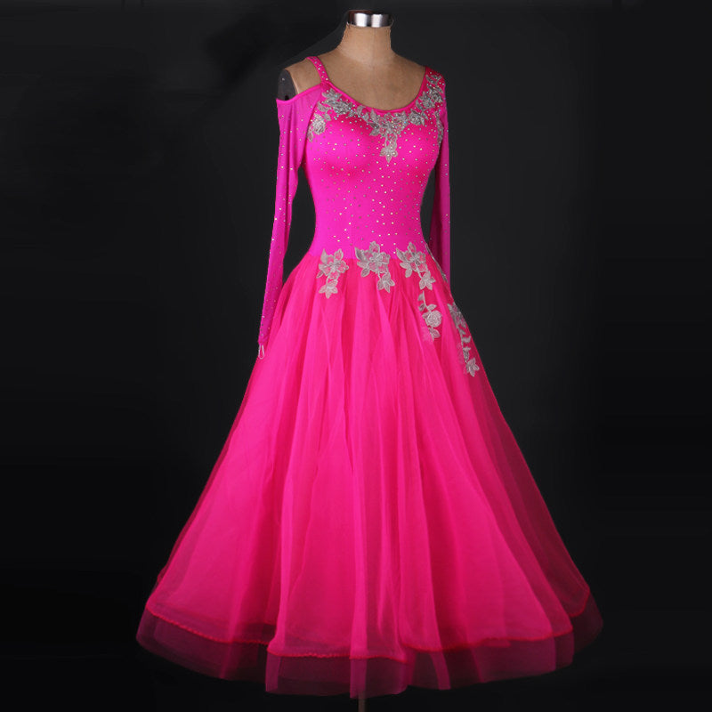 Rose red ballroom gown with silver floral lace applique bodice and full tulle skirt