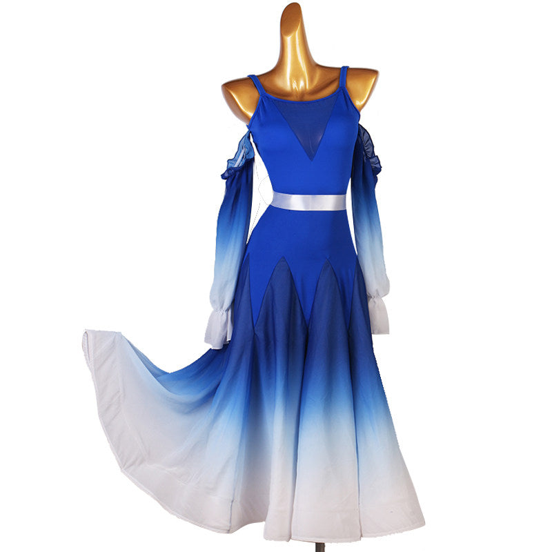 Royal blue ballroom dance dress with mesh V insert and ombre chevron skirt