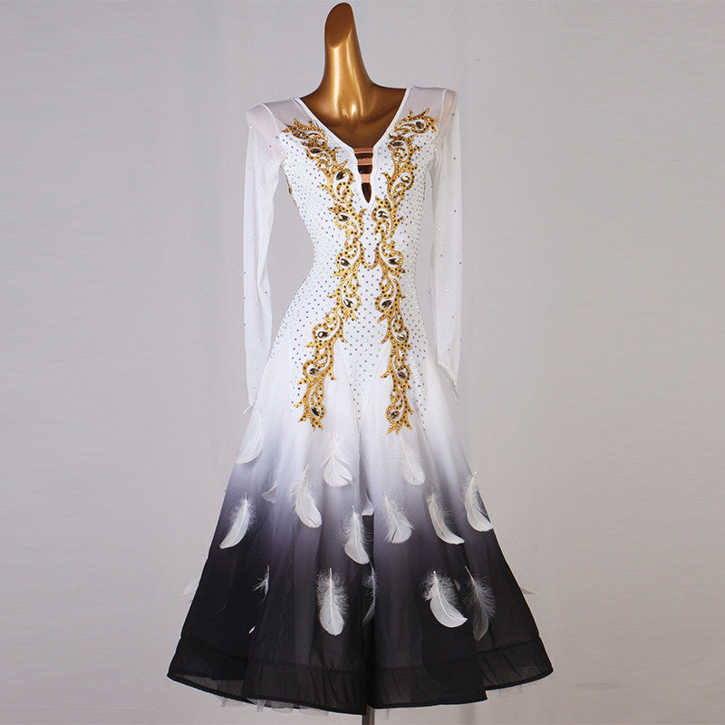 Ballroom competition dress with gold baroque embroidery and black ombre feather print skirt