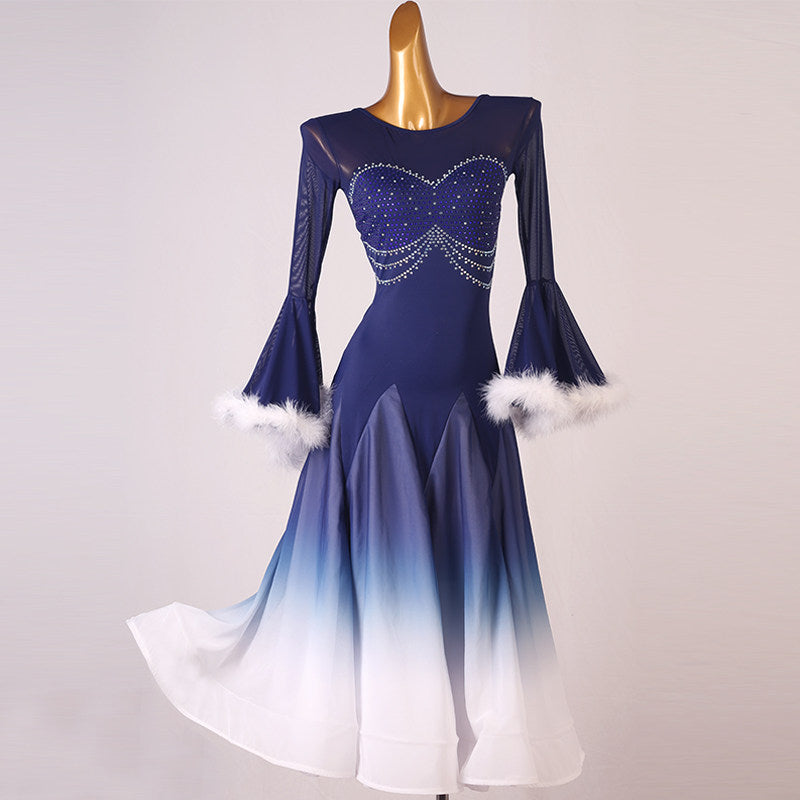 Navy ballroom competition dress with rhinestone swags and white feather cuffs