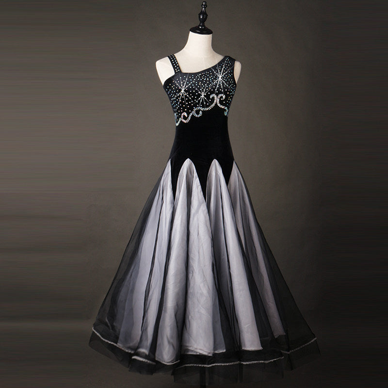 Black and white ombre ballroom gown with rhinestone camisole velvet bodice