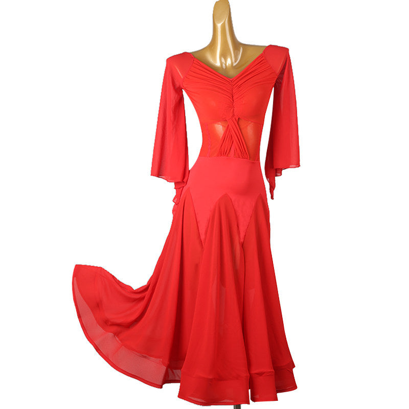 Red ballroom dance dress with a ruched V bodice and flare sleeves