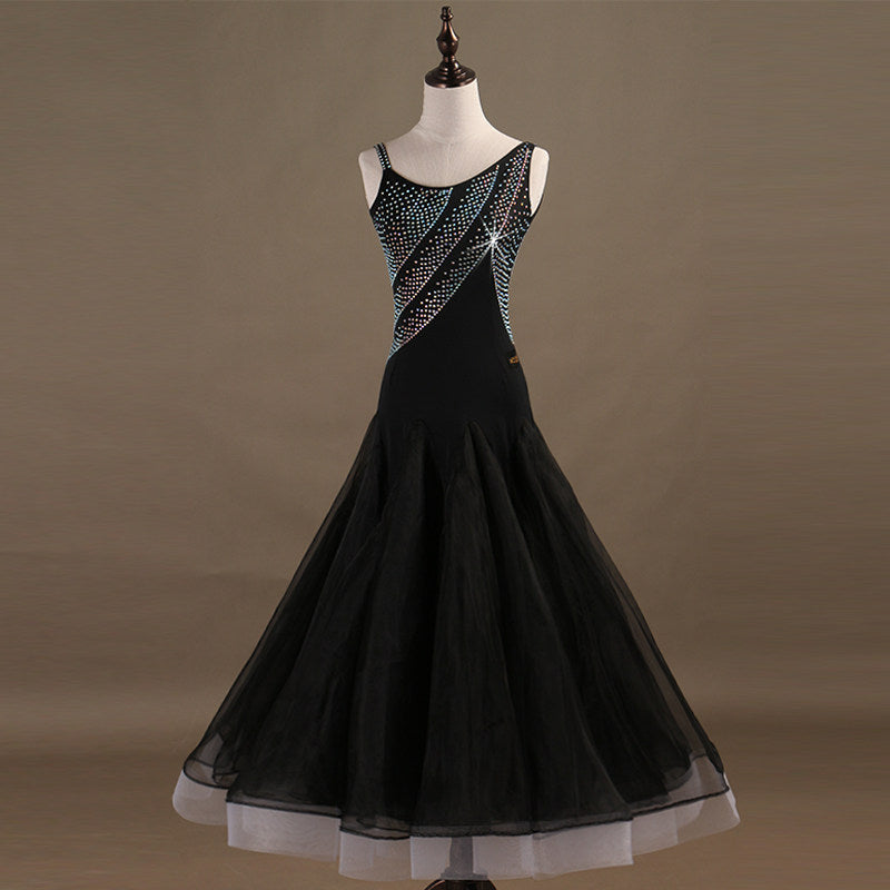 Black ballroom gown with one shoulder rhinestone band and full tulle skirt