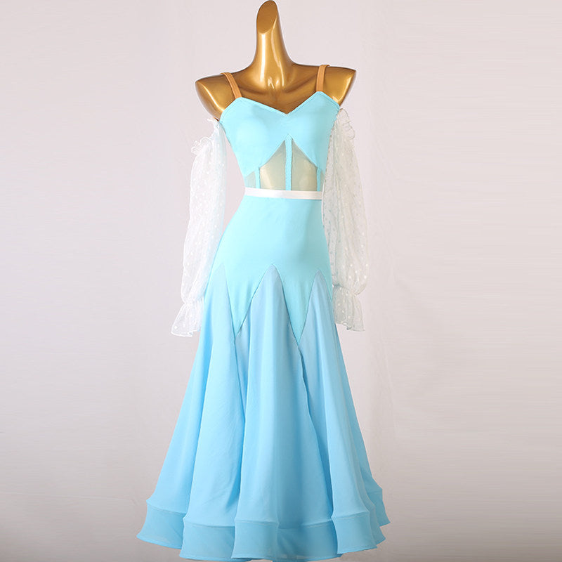Light blue ballroom dance dress with white lace bishop sleeves