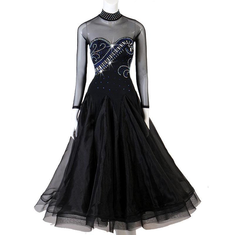 Black ballroom dance dress with silver swirl embroidery on mesh yoke