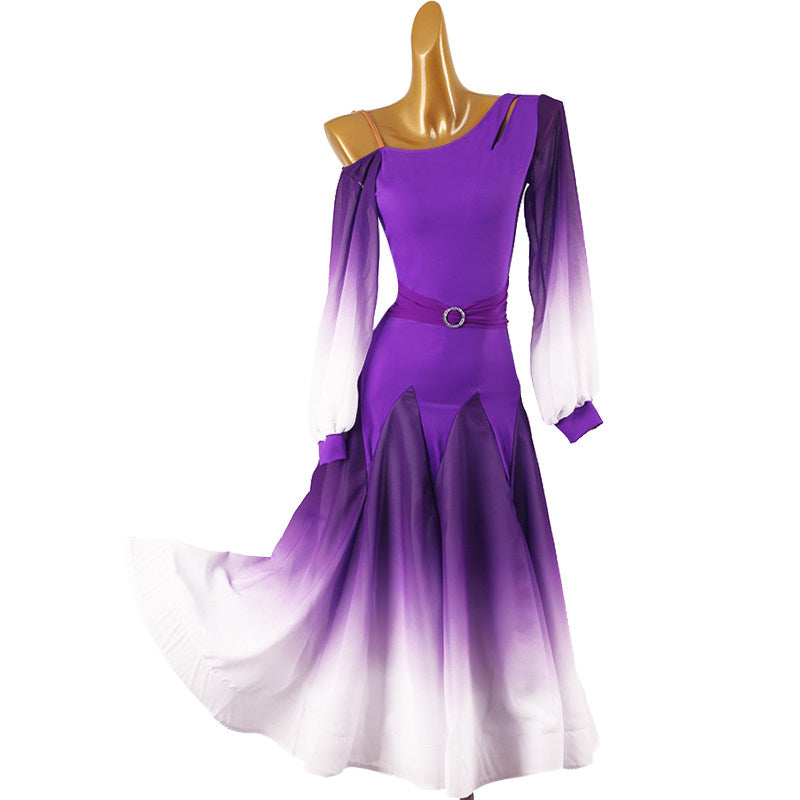 Purple ombre ballroom dance dress with a one shoulder neckline