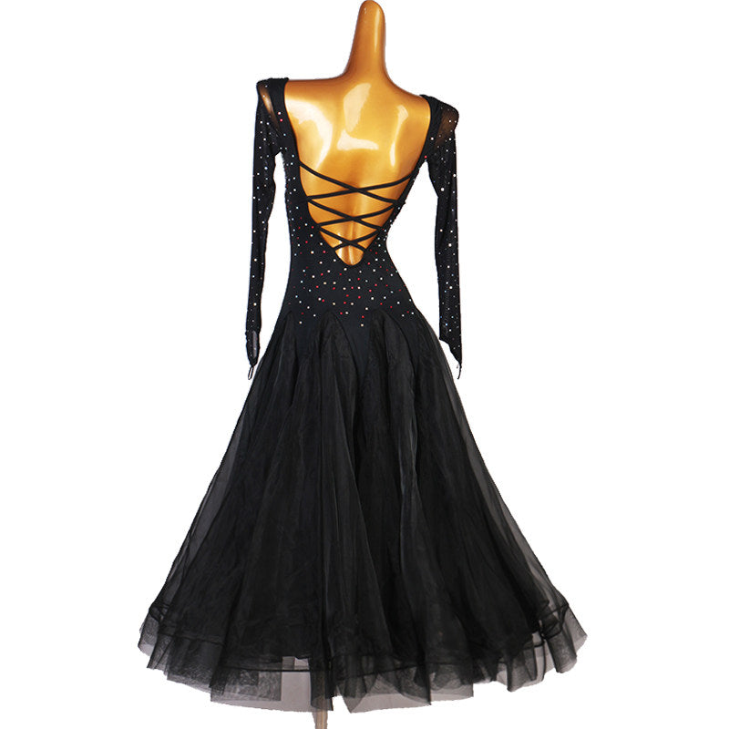 Black ballroom competition dress back view with criss-cross strap lace-up back and tulle skirt