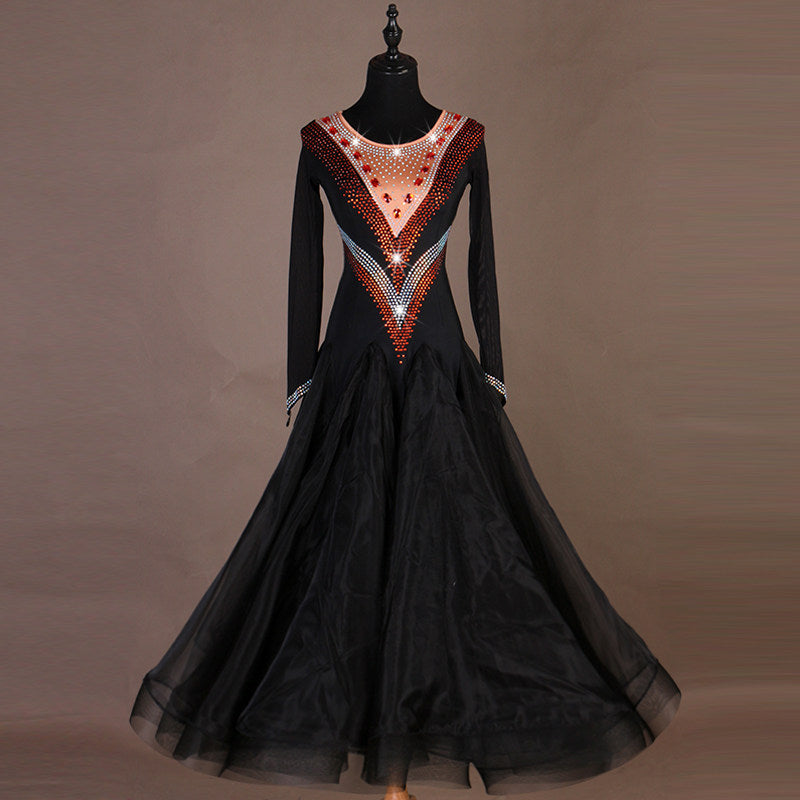 Black ballroom dance dress with rhinestone V panels and long sleeves