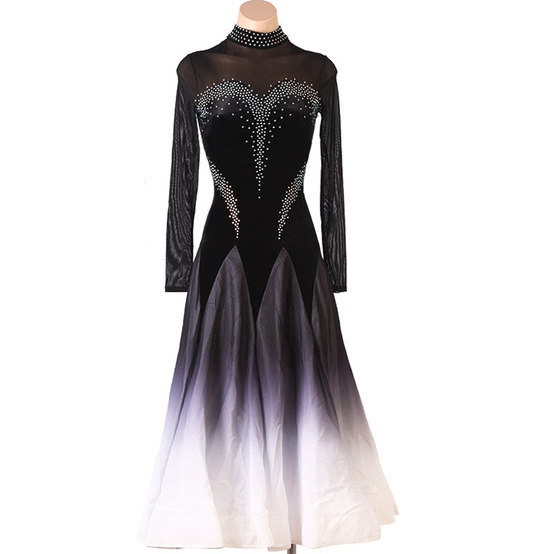 Black ombre ballroom competition dress with a studded mock neck collar