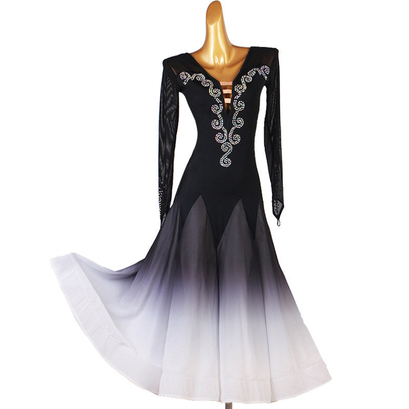 Black ballroom competition dress with silver scroll beading and ombre chevron skirt