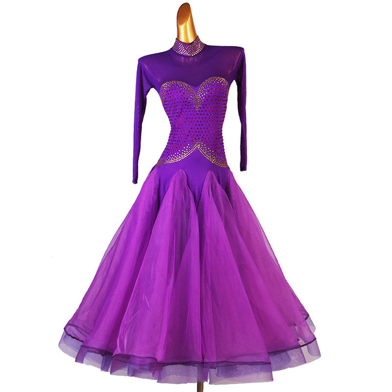 Purple ballroom competition dress with a studded mock neck and layered organza skirt