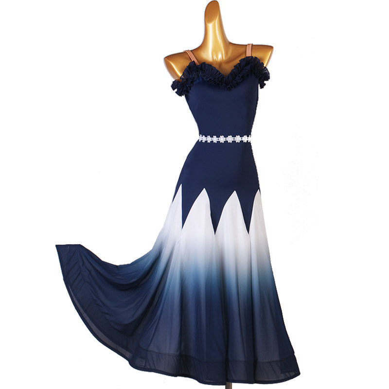 Navy ballroom dance dress with ruffle sweetheart neckline and ombre chevron skirt