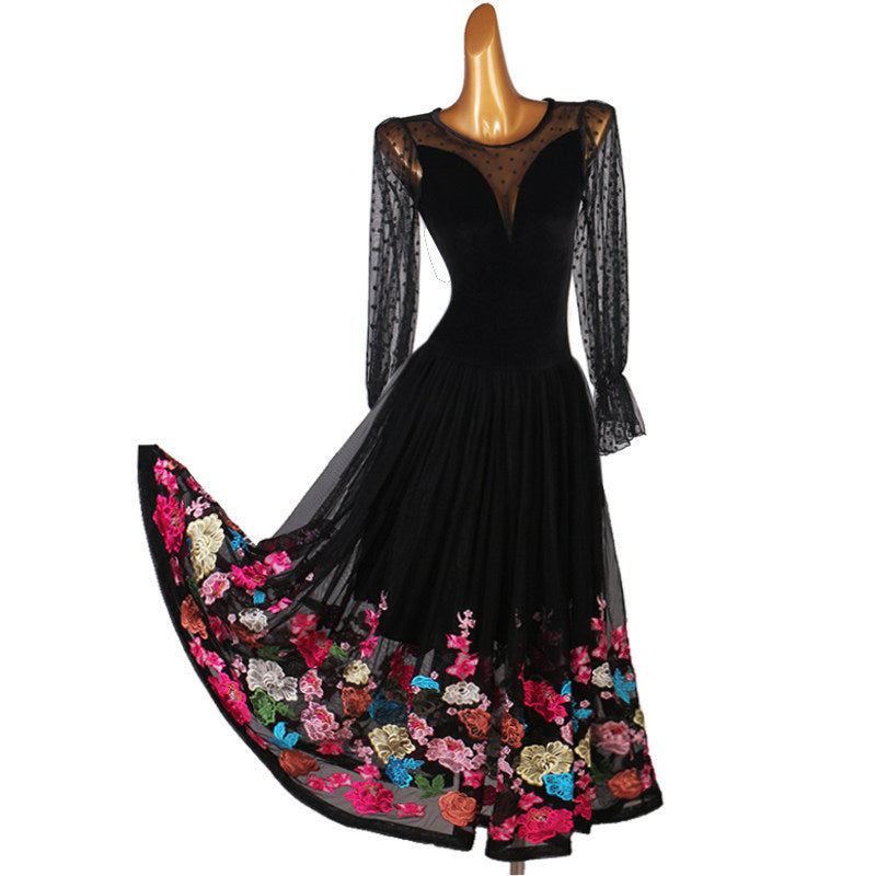 Black ballroom dance dress with floral embroidered hem and dotted mesh sleeves