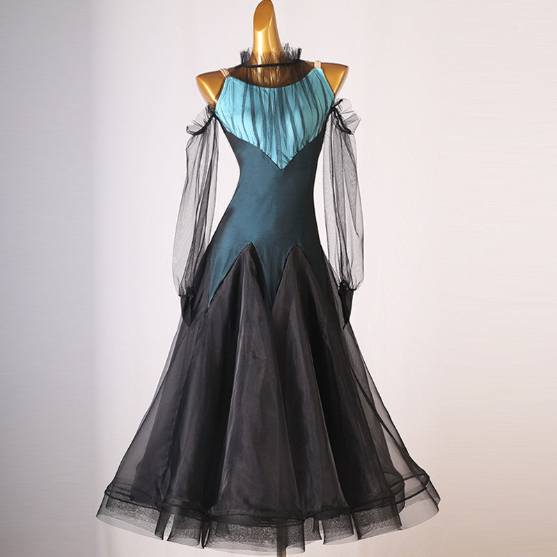 Teal ballroom dance dress with a ruched yoke and black organza skirt