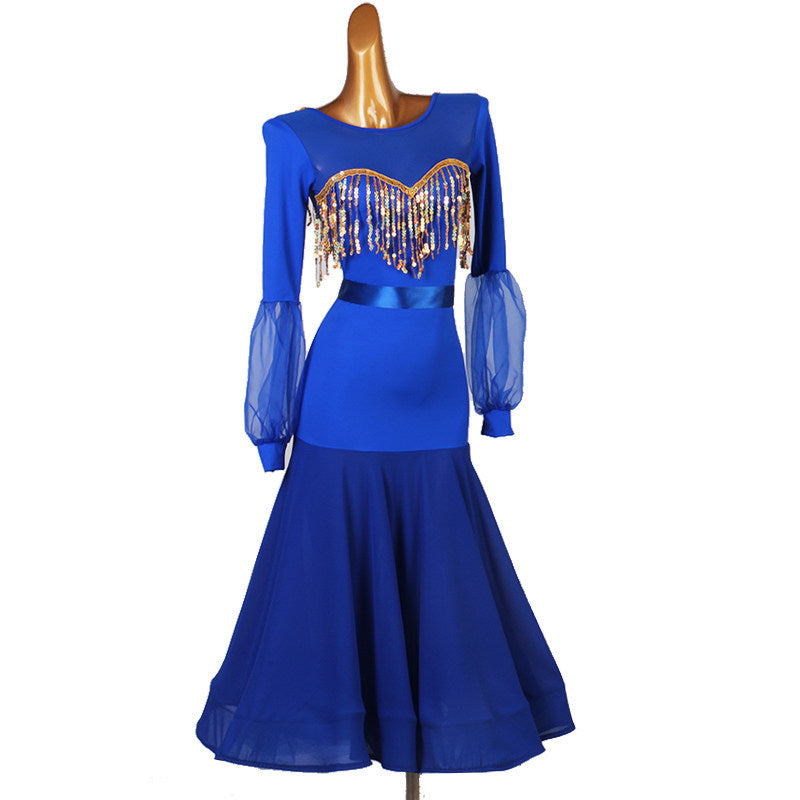 Royal blue ballroom competition dress with gold beaded fringe bib and organza lantern sleeves