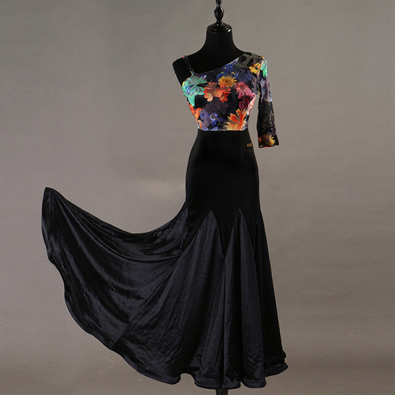 Floral print one shoulder ballroom dress with black fishtail skirt swept out