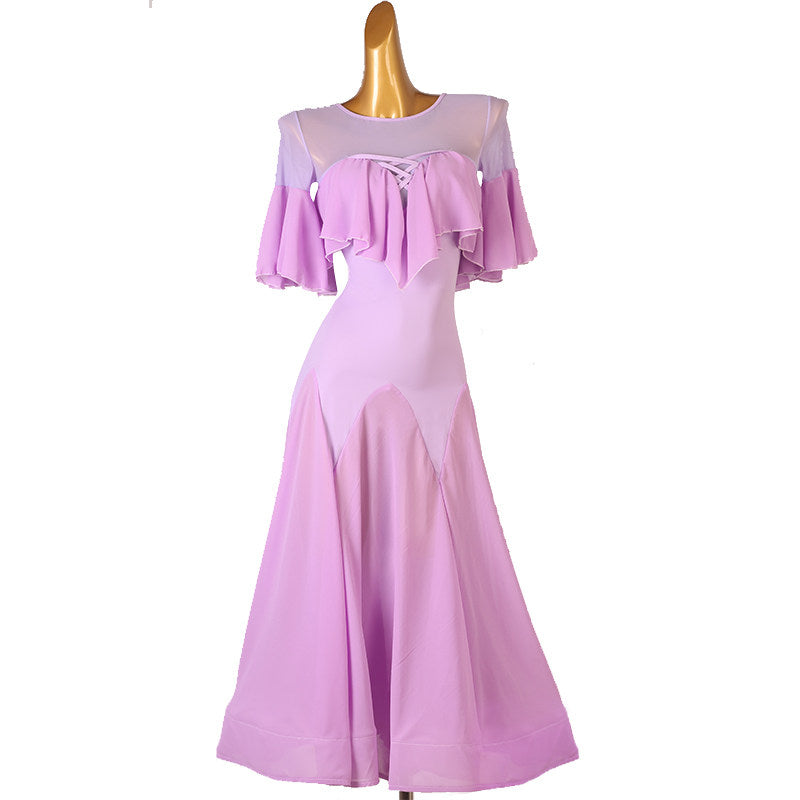 Lilac ballroom practice dress with a cape ruffle and laced mesh yoke