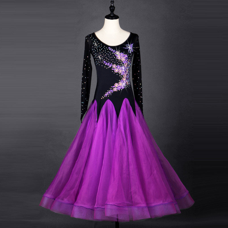 Purple ballroom gown with sequin swirl black bodice and zigzag hem