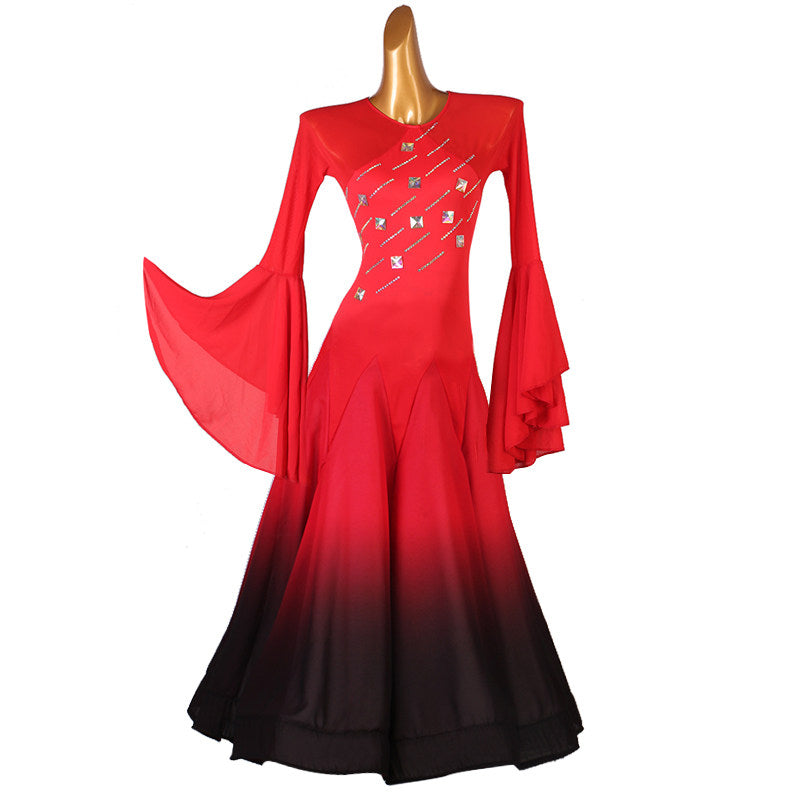 Red and black ombre ballroom competition dress with square crystal accents