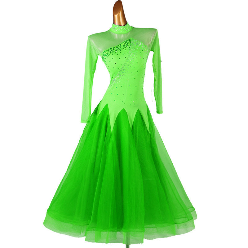 Neon green ballroom competition dress with diagonal rhinestone shoulder sash and tulle skirt