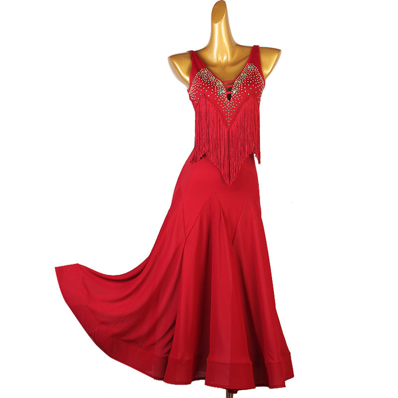 Red ballroom competition dress with a beaded fringe V bodice