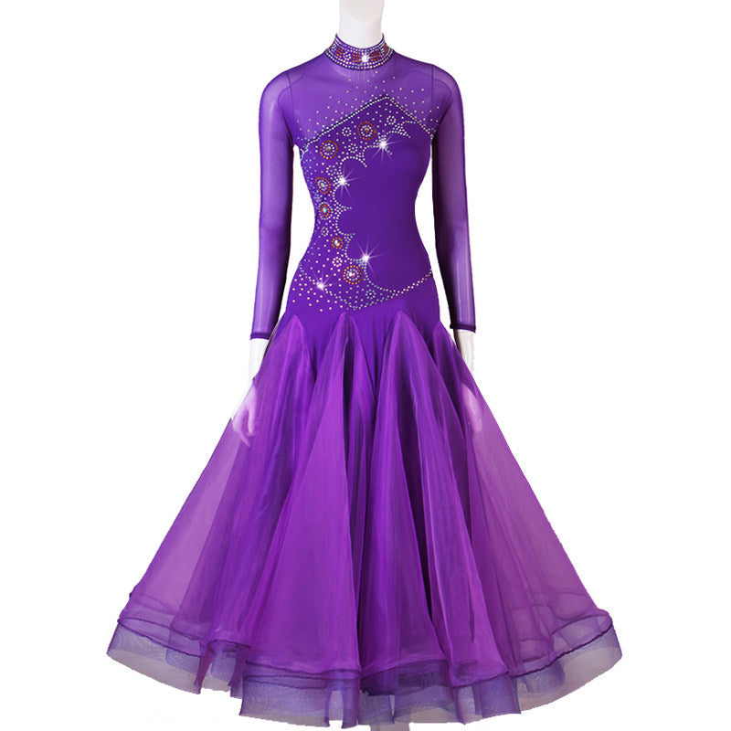 Purple ballroom competition dress with rhinestone mock neck and layered organza bell skirt