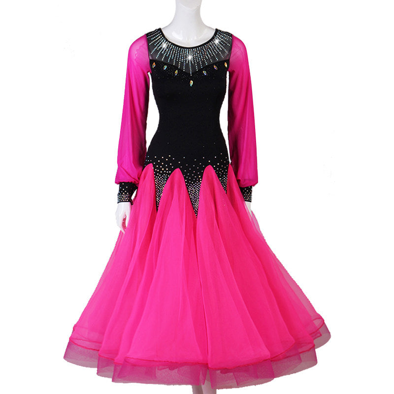 Fuchsia bishop sleeve ballroom dance dress with black velvet bodice