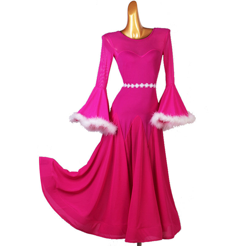 Hot pink ballroom dance dress with white feather trimmed bell sleeves
