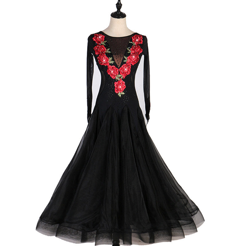 Black ballroom dance dress with red rose applique on sheer mesh bodice
