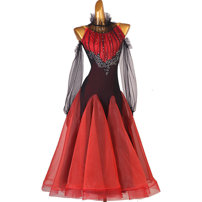 Black and red ballroom competition dress with a pleated red yoke and tulle skirt