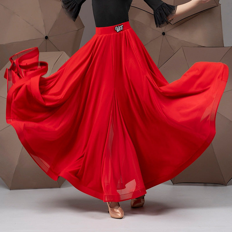 Red double layer chiffon ballroom dance skirt with mesh godets, hip and hem view