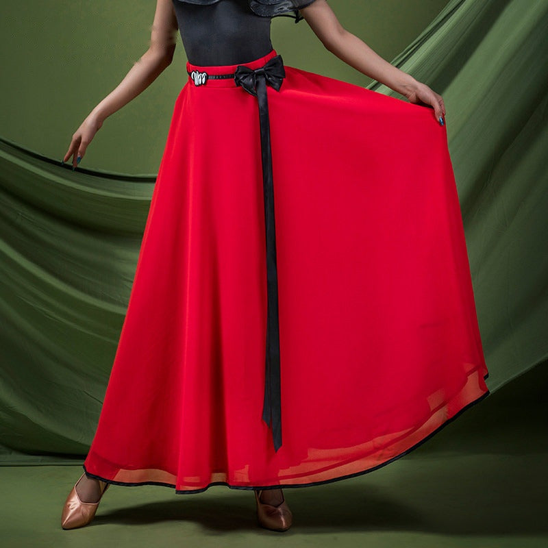 Red tiered chiffon ballroom dance skirt with satin ribbon trim, hip and hem view