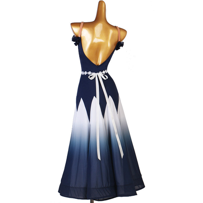 Back view of the navy dance dress showing the ribbon ties at the waist