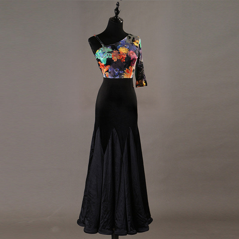 Floral print bodice ballroom dress front view on mannequin