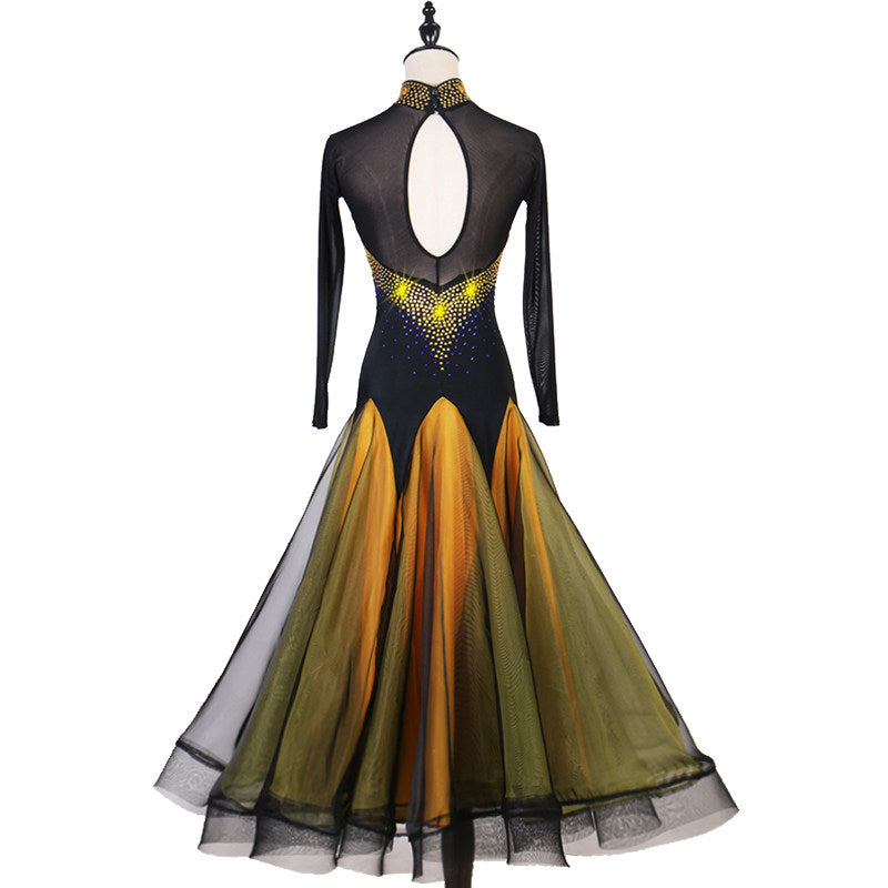 Gold ballroom dance dress back view showing the keyhole opening
