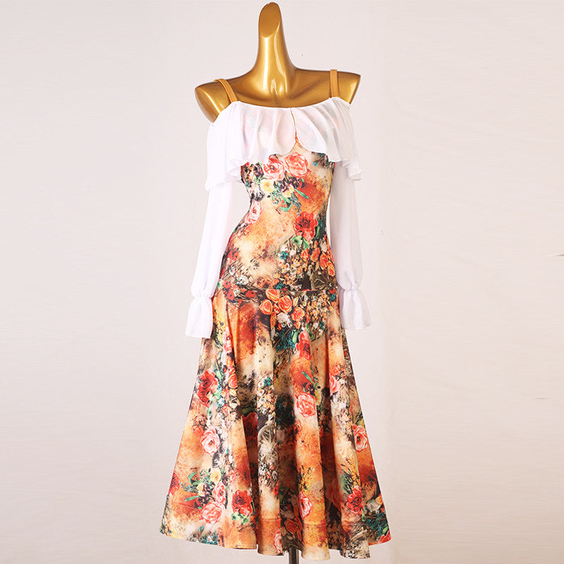 Orange floral print dance dress front view with the mermaid skirt hanging