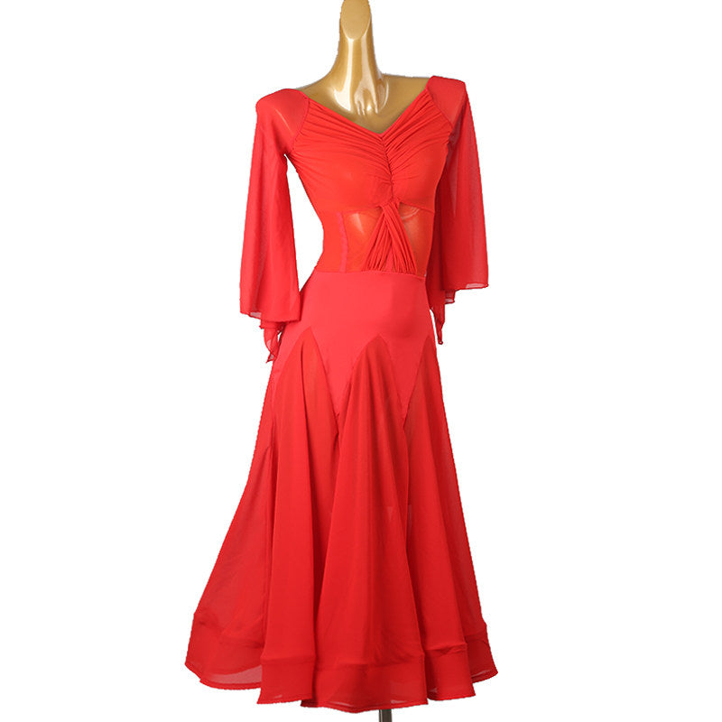 Red ballroom dress front view with the godet skirt hanging straight