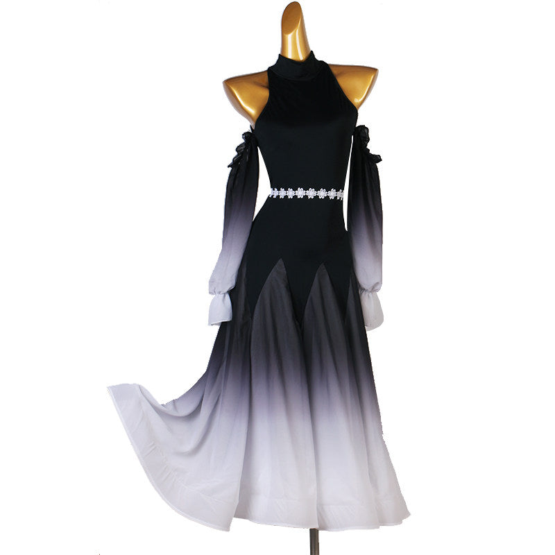Black to white ombre halter ballroom dress with tie sleeves on mannequin