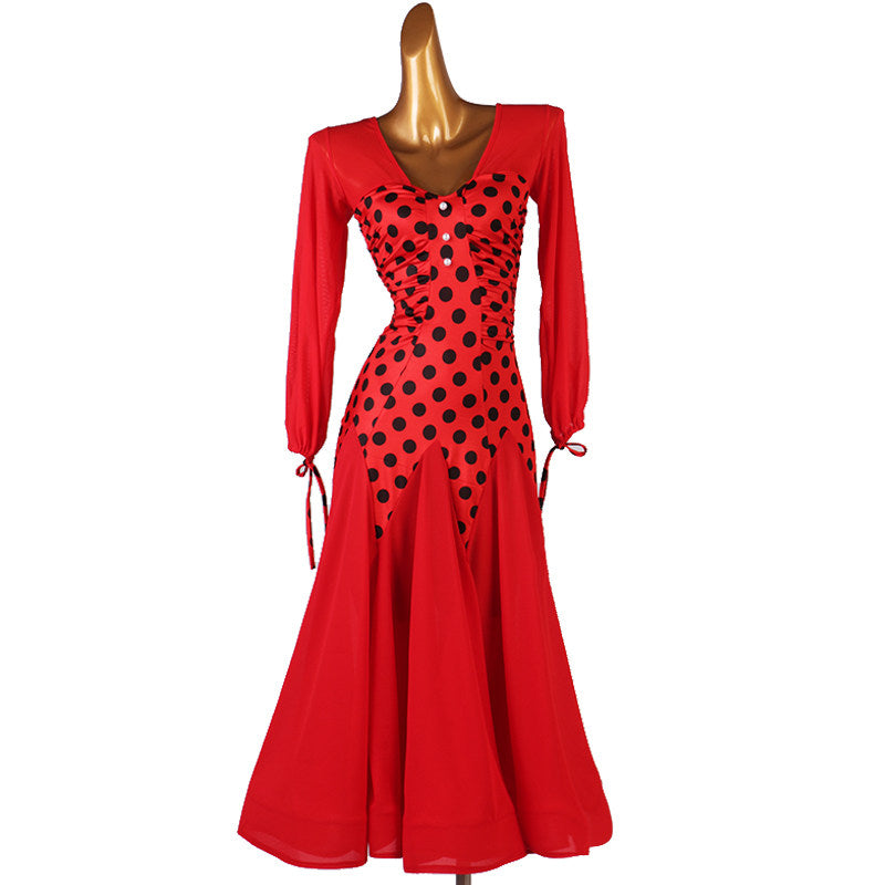 Red ballroom dance dress with black dot bodice panel and long ribbon tie sleeves