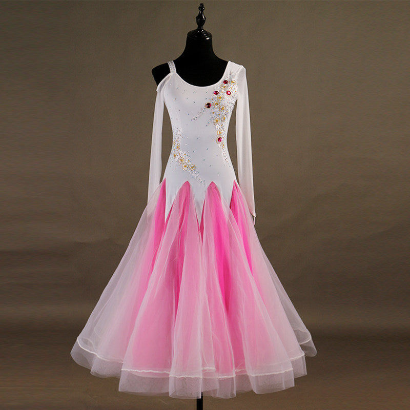 Pink ballroom competition dress front view with full organza skirt