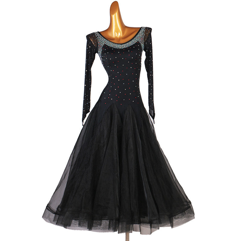 Black ballroom competition dress front view with crystal banded scoop neckline