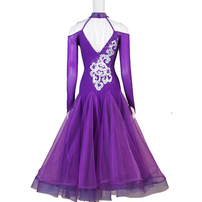 Purple ballroom dance dress back view with cold shoulder sleeves