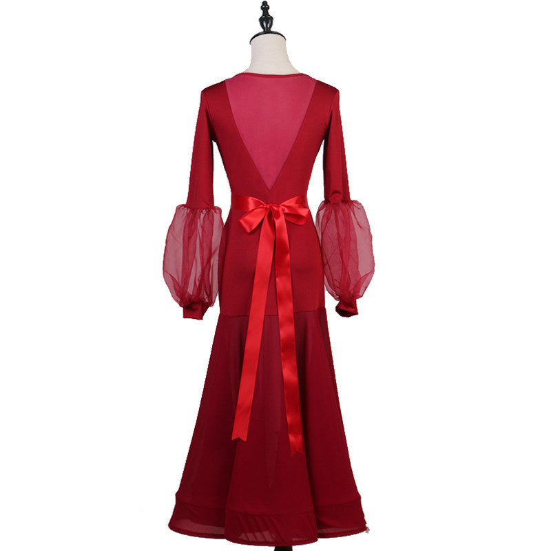 Red ballroom dance dress back view showing the satin sash tied in a bow