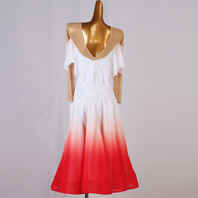White ballroom dance dress with off shoulder ruffle collar and red ombre skirt