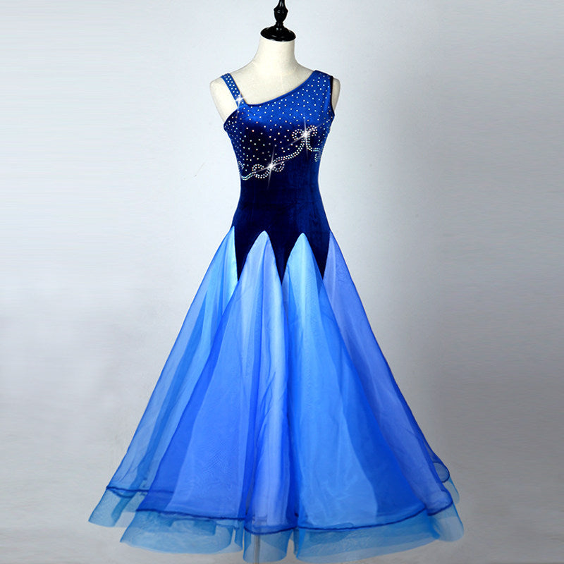 Blue ombre ballroom competition dress with rhinestone camisole bodice