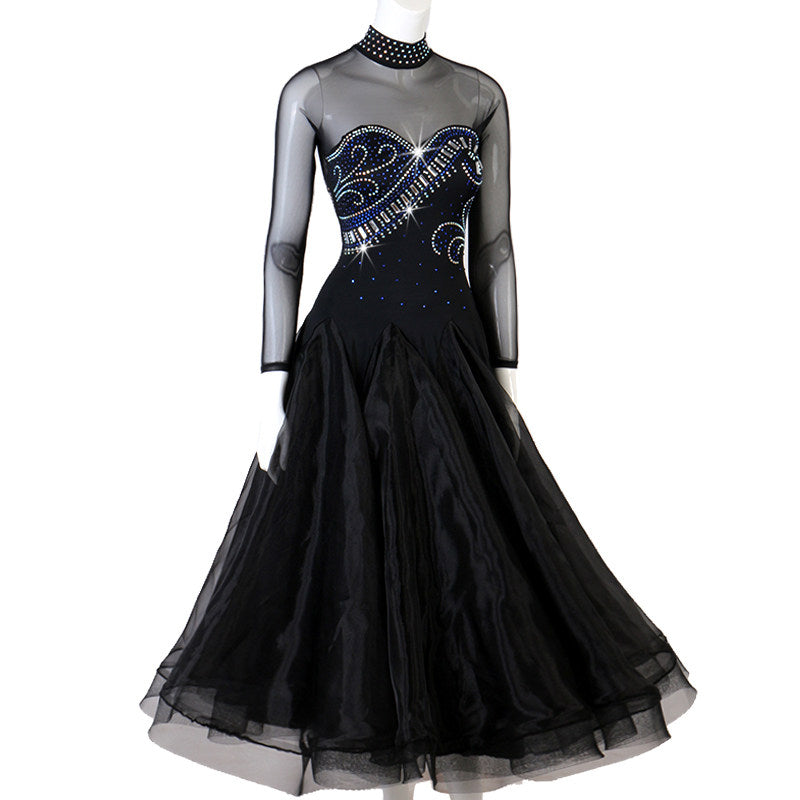 Black ballroom dance dress three quarter view with layered tulle skirt