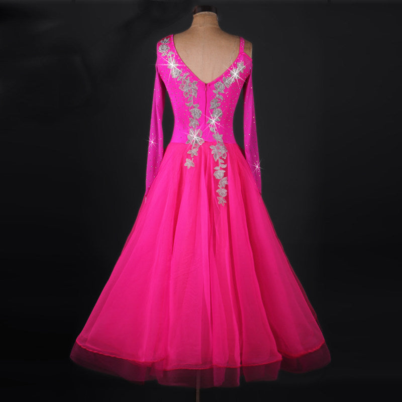 Rose red ballroom dance dress front view with lace applique sleeves