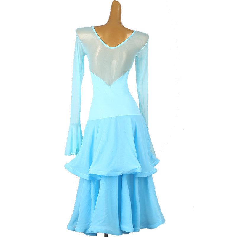 Back view of the light blue dance dress showing the mesh yoke